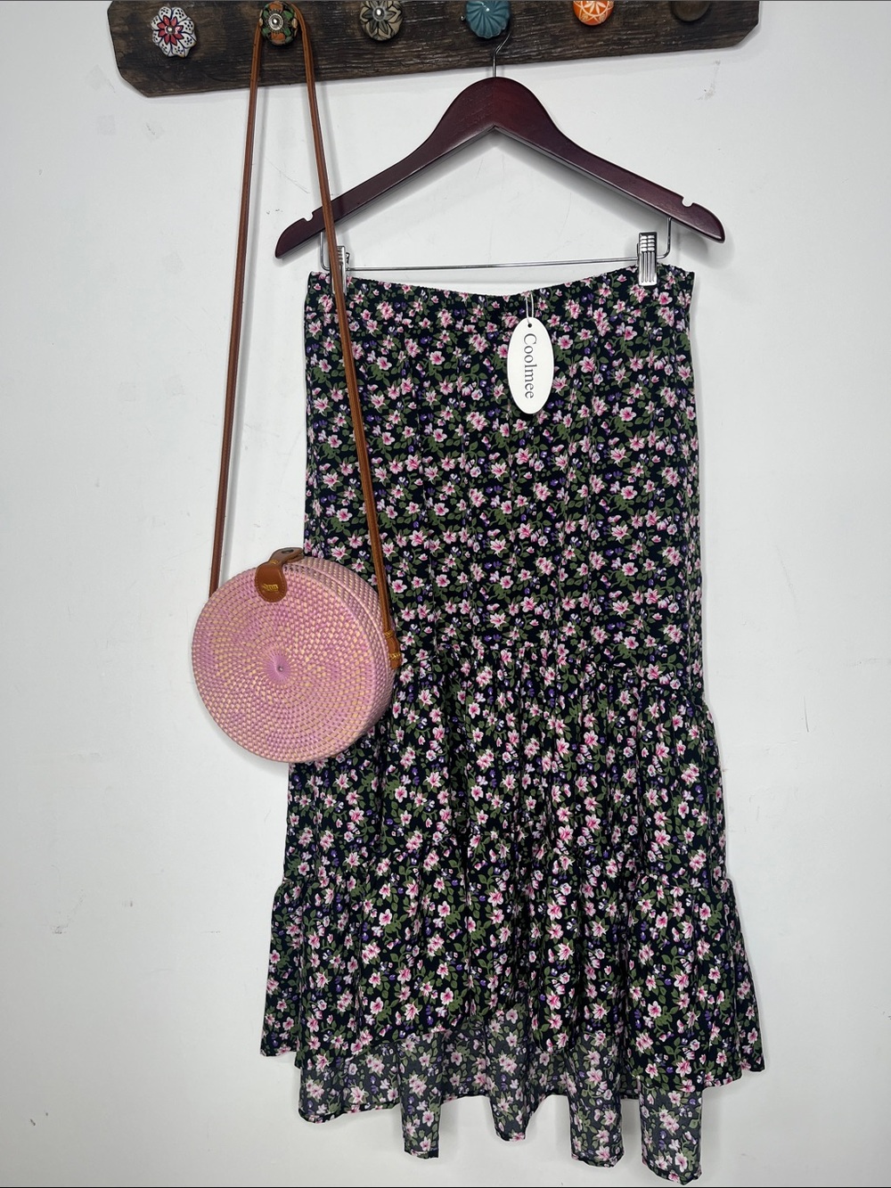NWT Coolmee midi Skirt Sz Lg floral print black purple pink white nice fabric